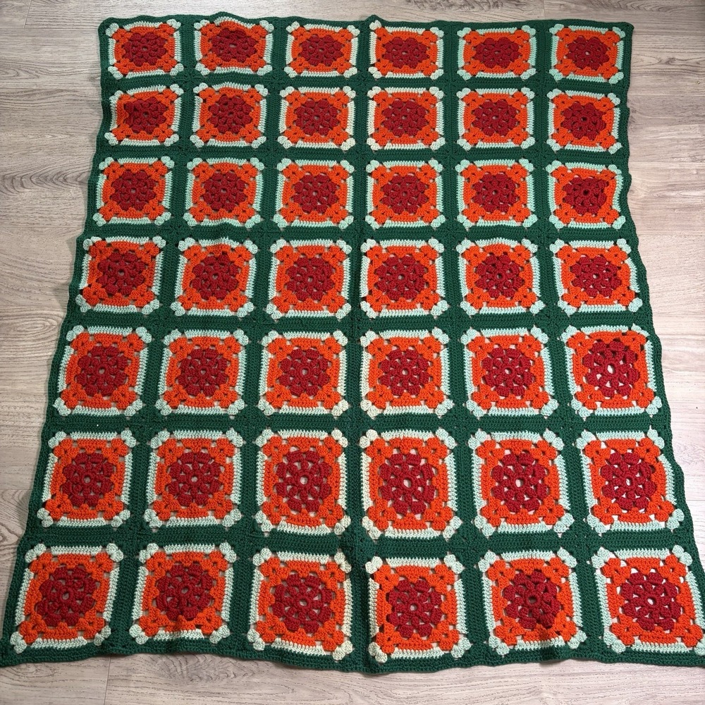 Vintage‎ Handmade Crochet Granny Square Afghan Green & Orange Lap Retro 54x45